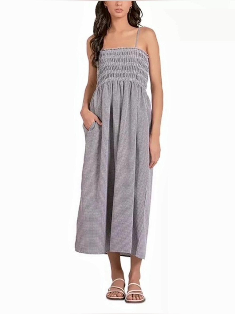 Elan- Gingham Smocked Midi Dress in Black & White | Sz Small | NWT